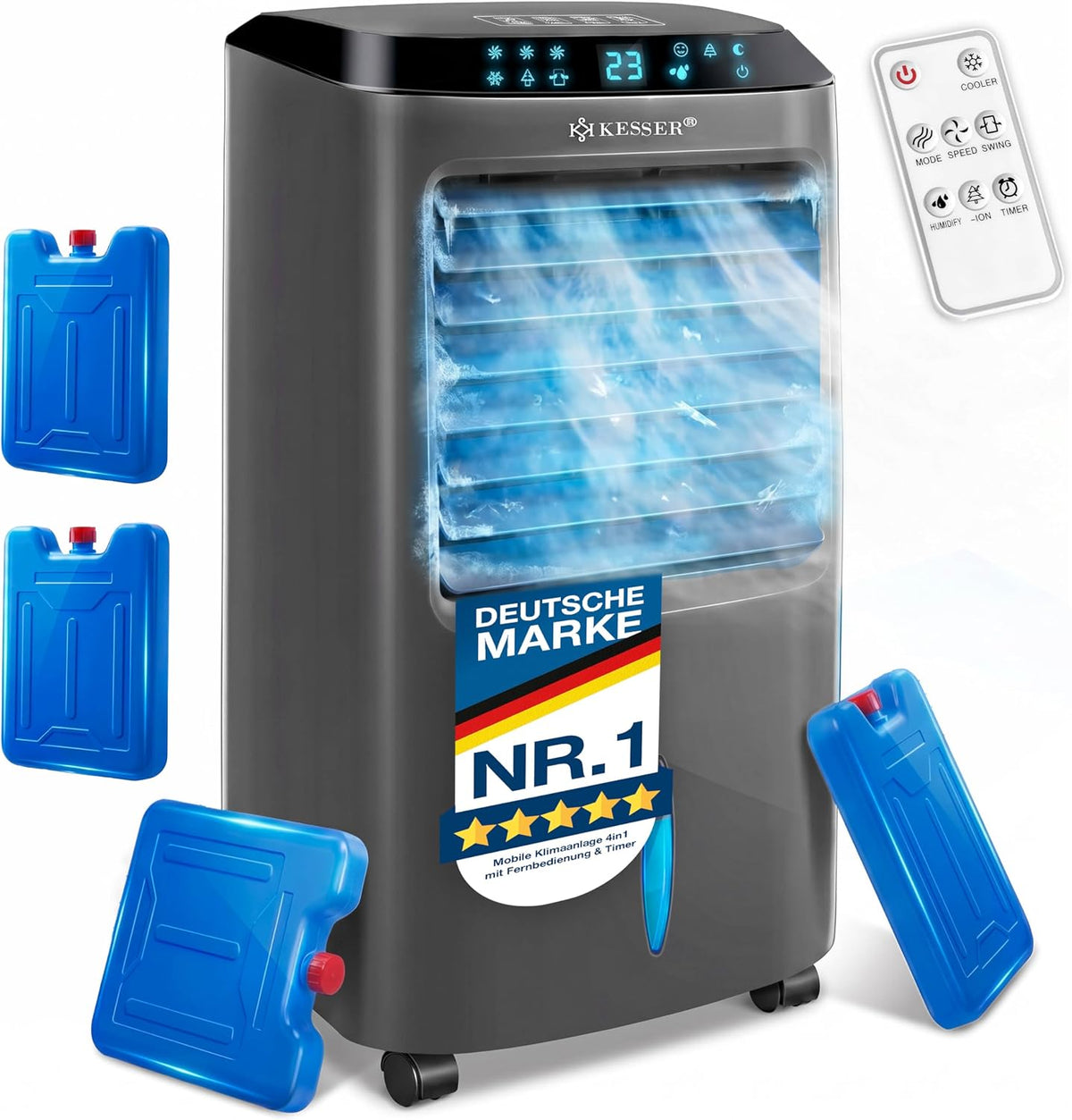 KESSER Mobile Klimaanlage 4in1 Luftkühler – Air Cooler mit Fernbedienung & Timer, 10L Wassertank, Ionisator & Luftbefeuchter, Ventilator Klimagerät