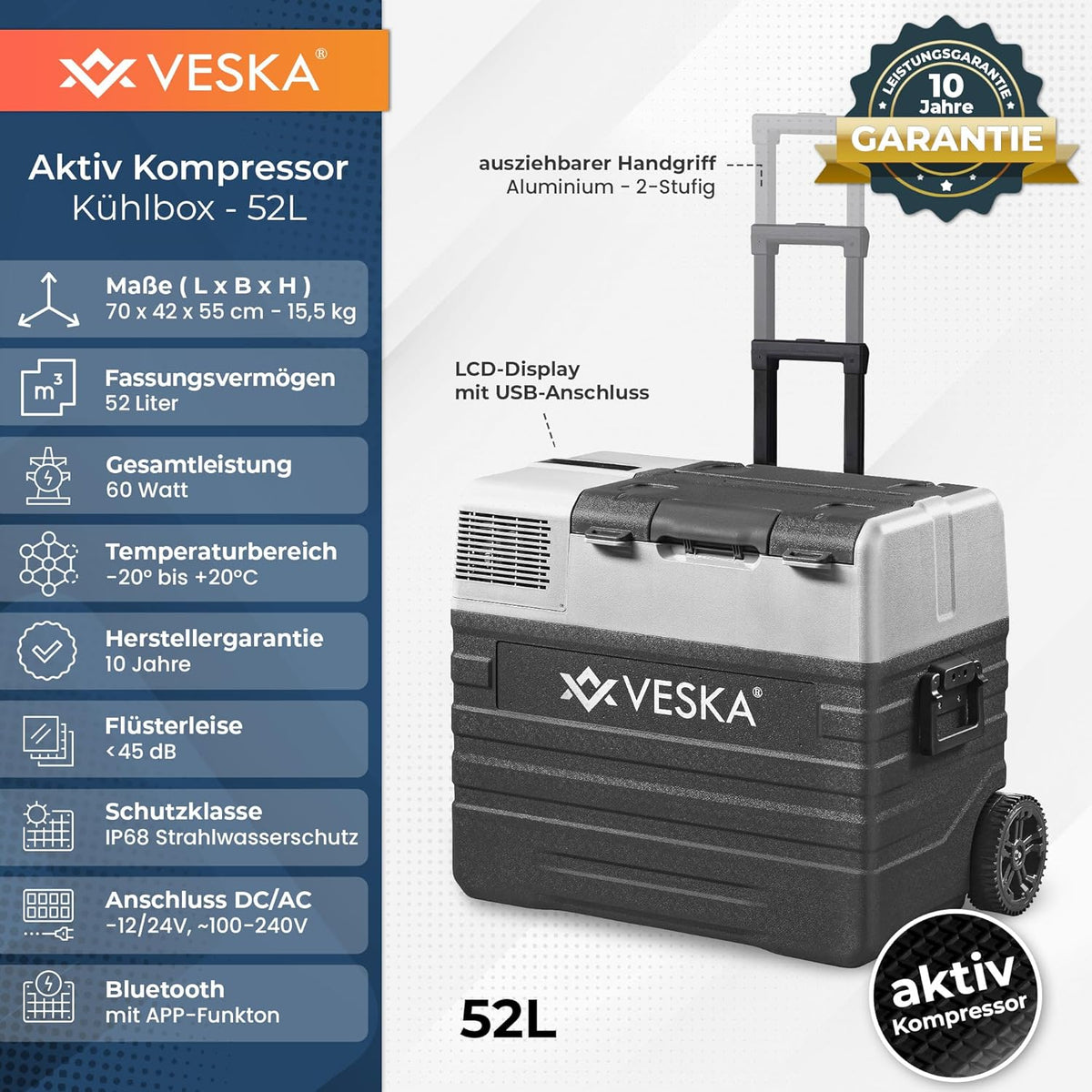 Kompressor Kühlbox elektrisch, Gefriertruhe mit APP-Steuerung, USB-Anschluss, 12/24V, 230V, Räder, transportabler Kühlschrank, Kühltruhe, Gefrierbox