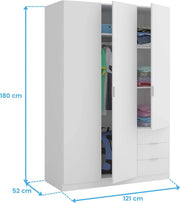 View Habitdesign Three Door and Three Drawer Wardrobe Closet, Artic White Finish, Measurements: 121 cm (W) x 180 cm (H) x 52 cm (D) image 3