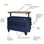 View Heavy-Duty 52 in. 9-Drawer Mobile Workbench with Adjustable-Height Solid Wood Top in Matte Blue image 5