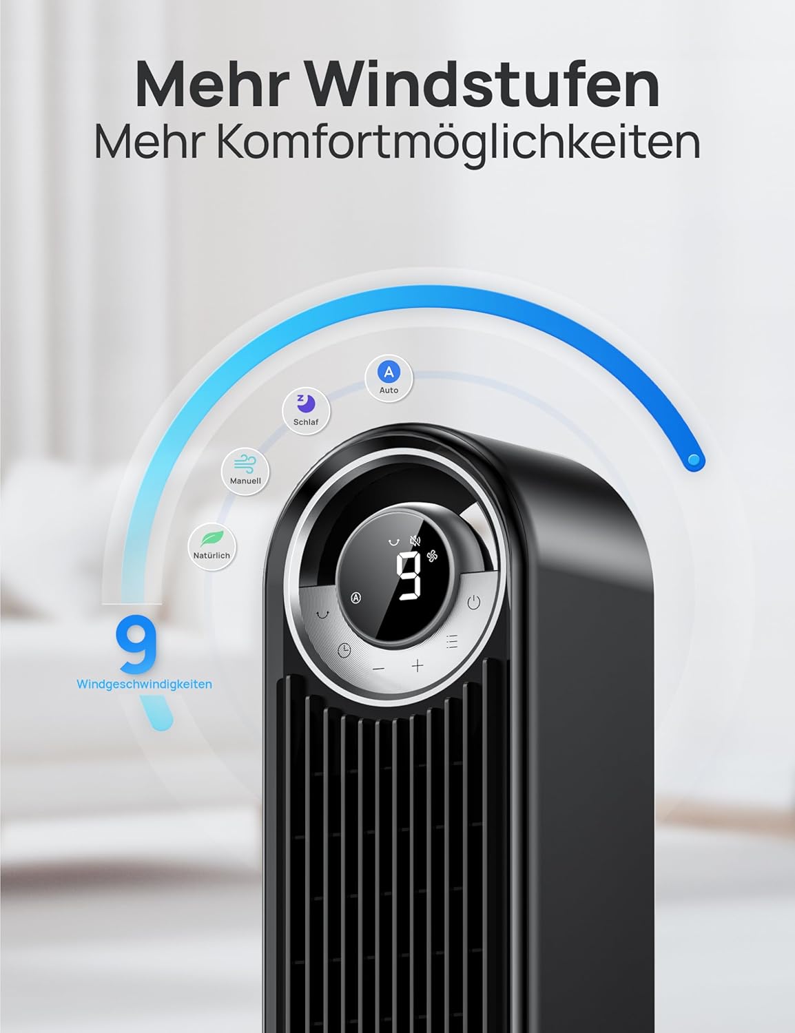 DREO 25 dB Leiser Smart Turmventilator, 106cm Höhe 4 Modi 9-Geschwindigkeit Max 7,9m/s 12H Timer 90° Oszillierender Ventilator mit Fernbedienung
