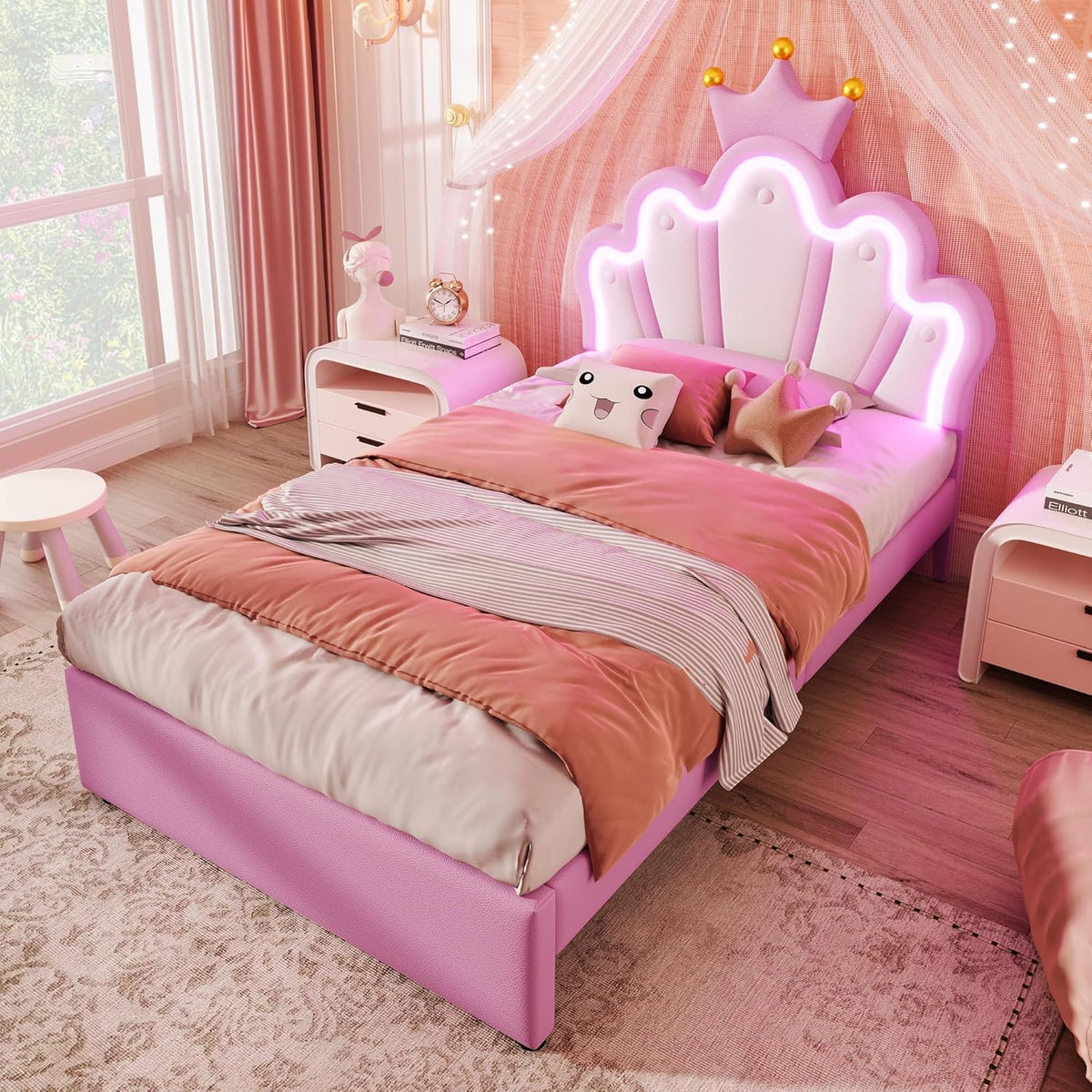 Kinderbett Polsterbett 90x200, Kronenförmiges Prinzessinnenbett, Einzelbett mit LED und 2 Schubladen, Bettgestell für Mädchen, mit Verstellbares