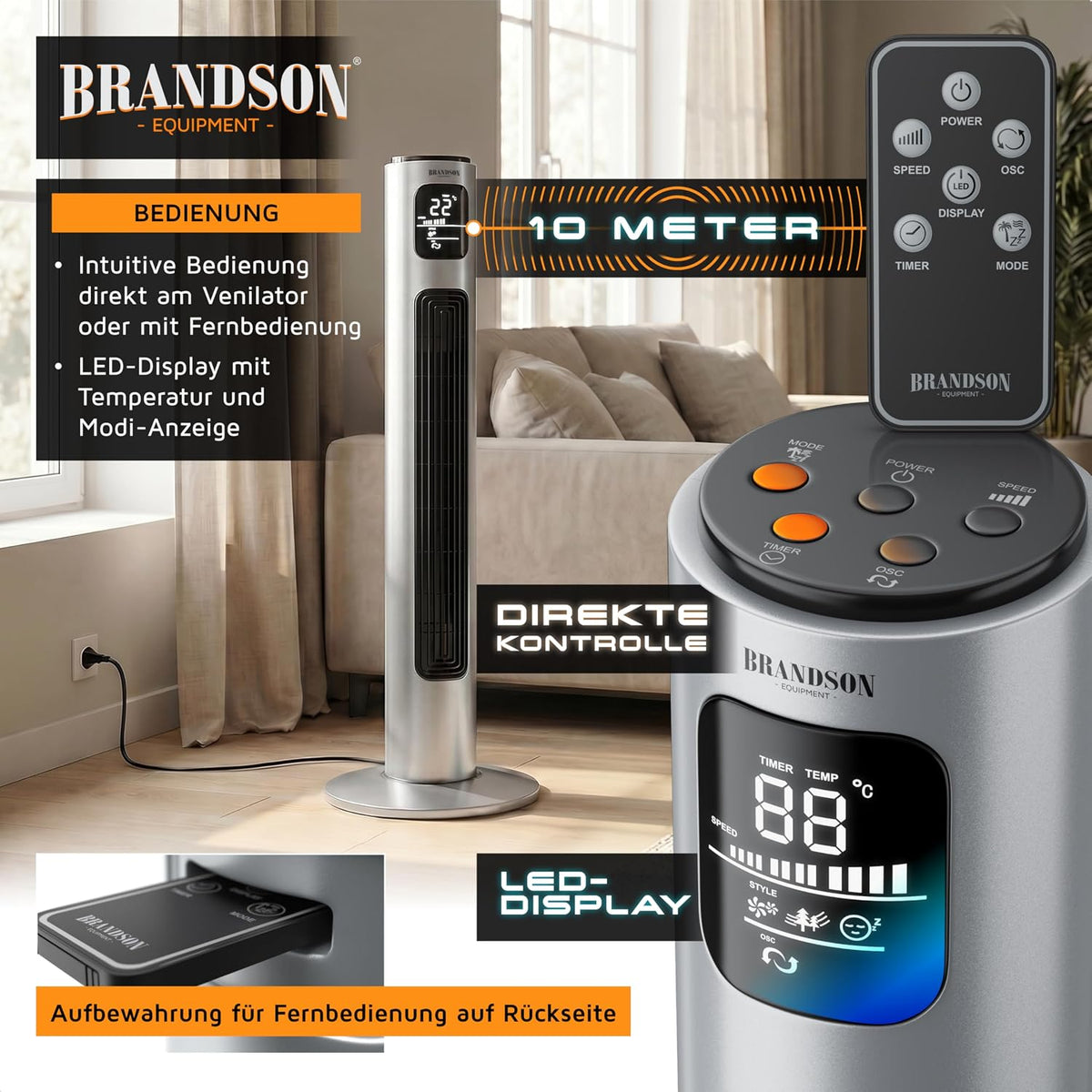 Brandson - Turmventilator mit Fernbedienung 96 cm - Preisträger 2026 - mobiler Lüfter leise - Standventilator Oszilation - 3 Geschwindigkeiten 3 Modi