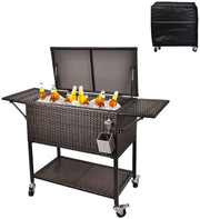 View 80 Quart Rattan Rolling Cooler Cart, Portable Wicker Cooler Trolley, Backyard Party Drink Beverage Bar image 4