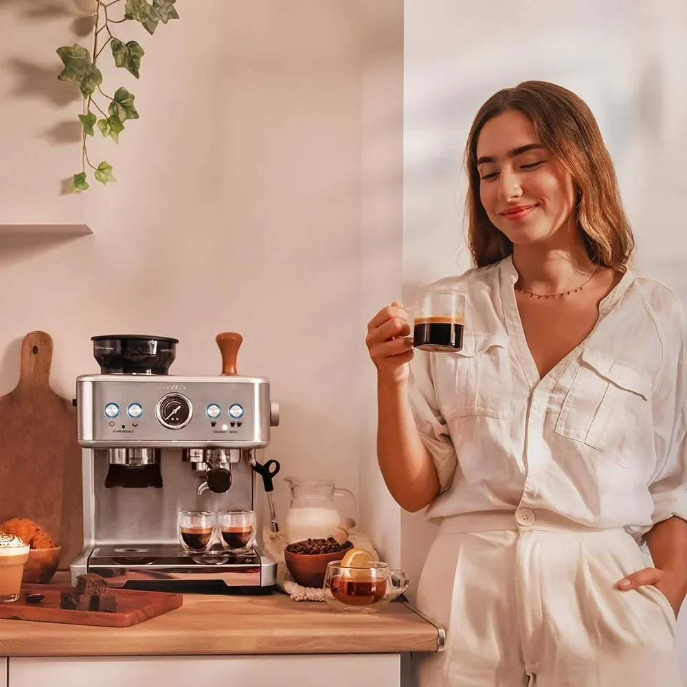 Cecotec Cafetera Express Barista Power Espresso 20 Barista. 2250W, 20 Bares, Manometro y 2 Thermoblocks, Depósito de Café en Grano, Molinillo con 20