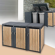 View ML-Design Mülltonnenbox 3er 3 Tonnen 240L 200x80x116,3cm Anthrazit-Holzoptik, Stahl wetterfest/abschließbar Mülltonnenverkleidung Klappdeckel/3 Türen, image 1