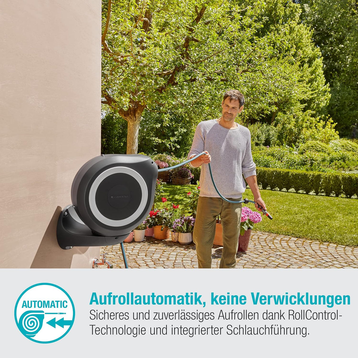 Gardena Wand-Schlauchbox RollUp M 20 m: Flexible Bewässerung für mittelgroße Gärten, schwenkbare Schlauchtrommel, mit Wandhalterung, Systemteilen und