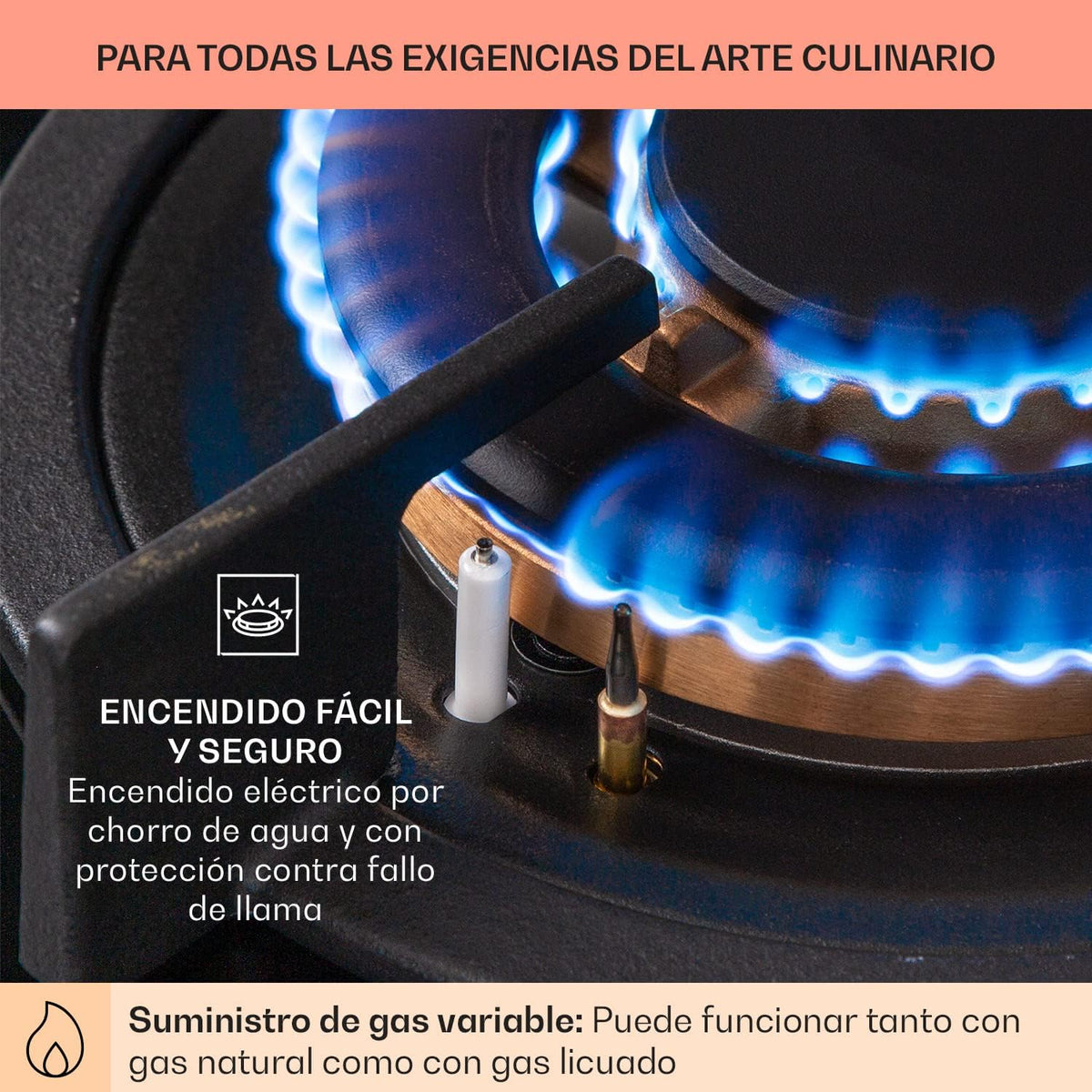 Klarstein Cocina de Gas Butano, Placa de Gas 4 Fuegos 8000W, Placa Vitroceramica Gas Integrada para Cocina, Placa Gas Butano de Diseño, Encimera Gas
