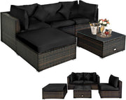 View 5 pieces of outdoor patio furniture, L-shaped rattan three-seater sofa with tempered glass coffee table, footstool, 3 single chairs, rattan outdoor party set, suitable for backyard, porch, balcony, black version image 4
