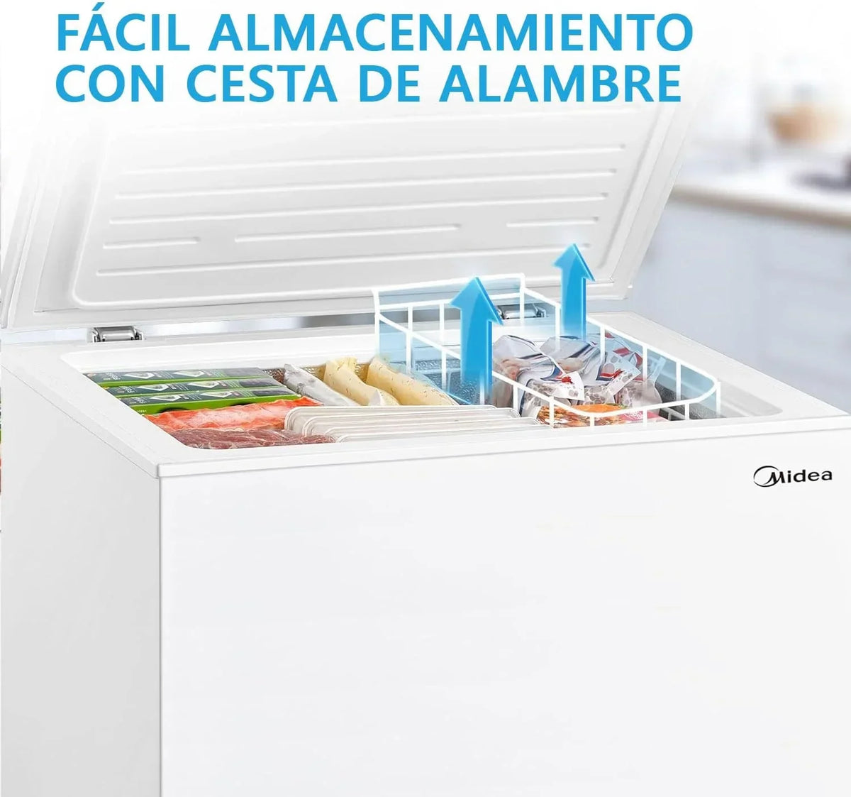 MIDEA Arcon Congelador Pequeño Horizontal de 99L, Motor Inverter, Control Electrónico de Temperatura, Tecnologia D-TYPE Tube, Cestas con Asa, Easy