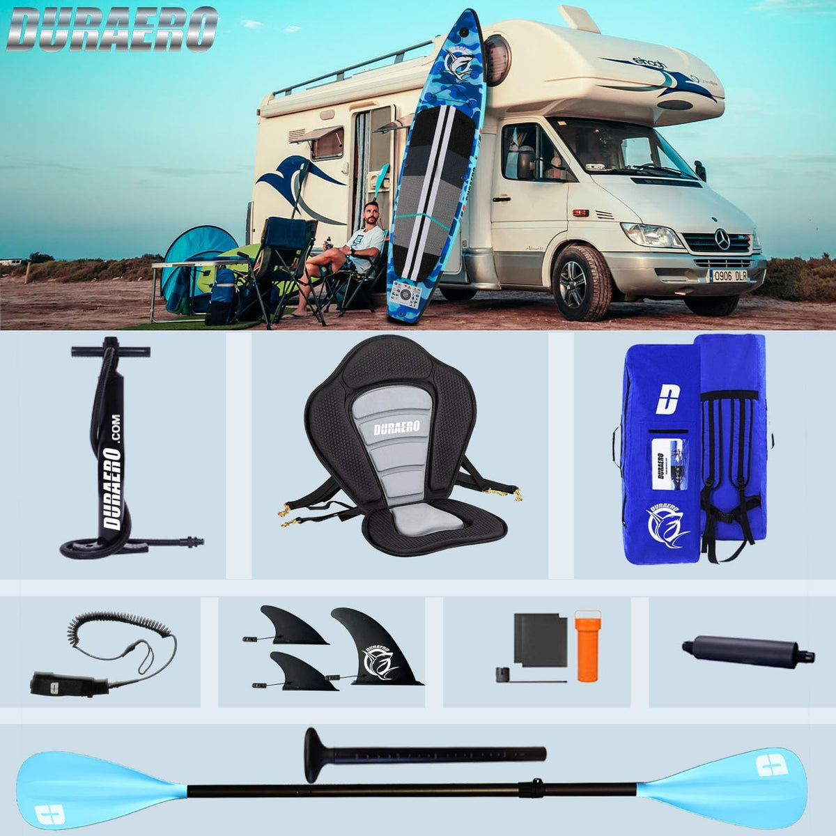 Inflatable Paddle Board with Kayak Seat, 330 x 76 x 15 cm, up to 150 kg, Integrated Pad, Detachable Fin, Double Adjustable Paddle, Repair Kit, Blue