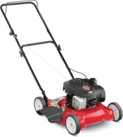 View 20-inch steel cutting deck, side-discharge gasoline-powered push lawn mower, with engine oil, available in red and black, suitable for outdoor yards. image 1