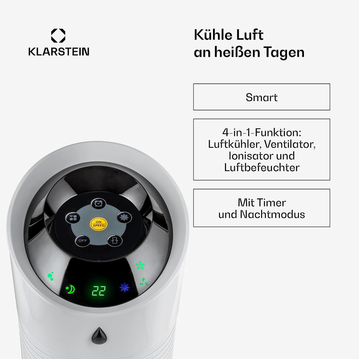 Klarstein 4-in-1: Smart Luftkühler, Ventilator, Luftbefeuchter & Ionisation I 6 L Wassertank, Oszillation, 30 W, 210 m³/h, Timer I Klimagerät ohne