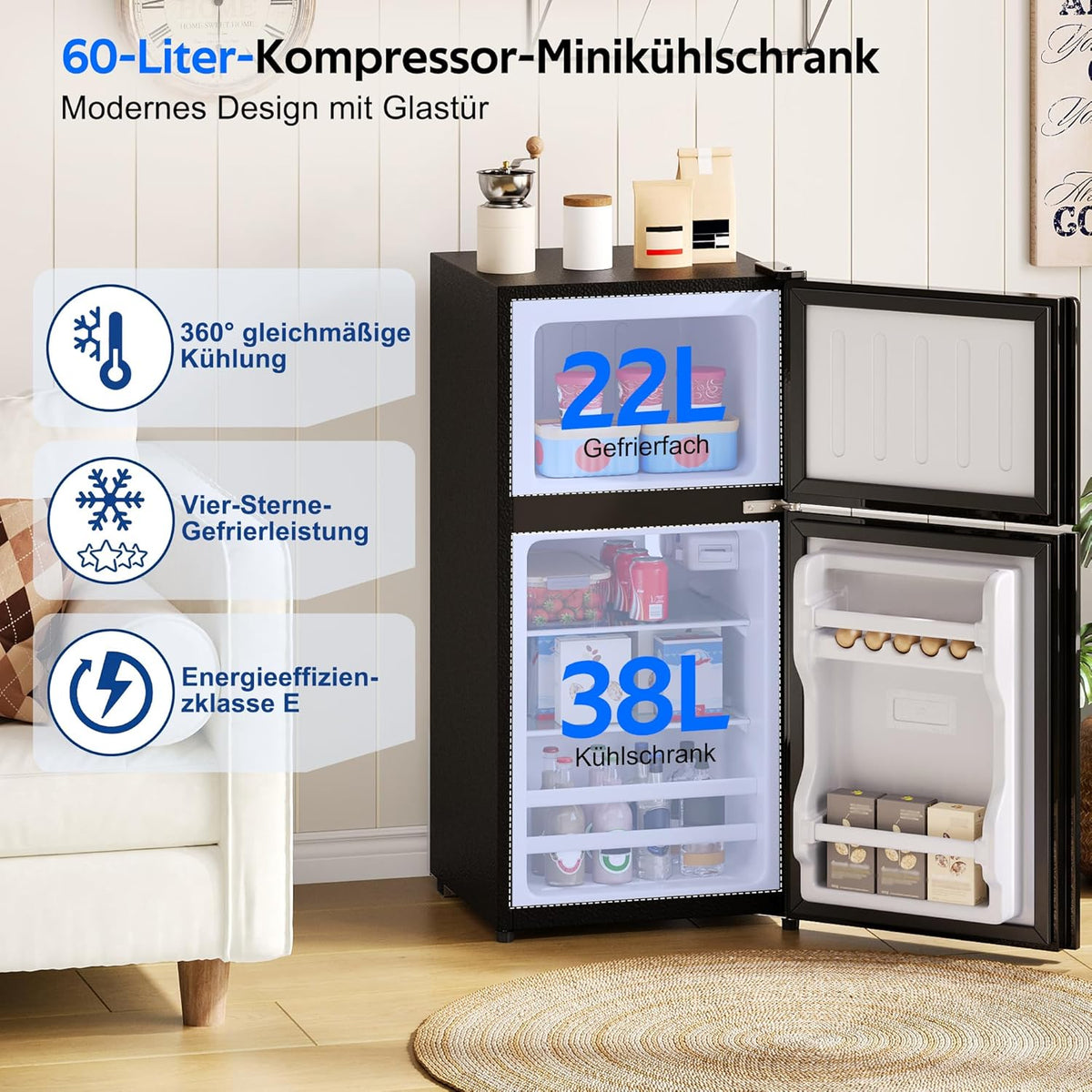 Merax Kühlschrank mit Gefrierfach, 60L Kleiner Kühlschrank, kompakt, Glastür, LED-Innenbeleuchtung, manuelle Temperaturregelung, Glasablagen, 45 dB(A)