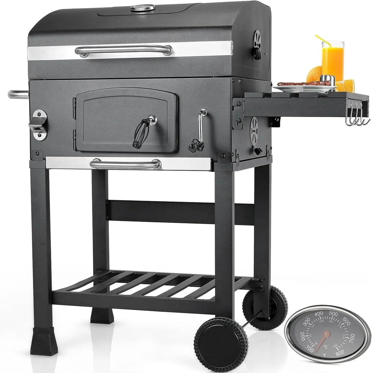 Barbacoa de Carbon XXL, Parrilla de Carbón con Chimenea y Tapa, Parrilla con Carrito BBQ Smoker con Ruedas y Termómetro, Grande BBQ Carbon para