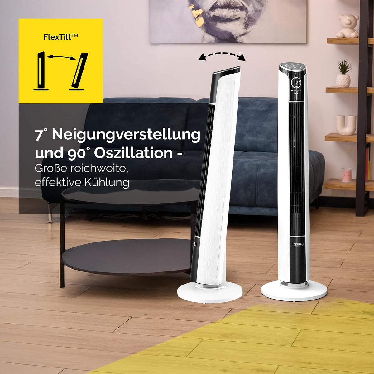 Yoer 29dB Leiser Turmventilator, Ionisator, 10 m Reichweite, Neigungswinkeleinstellung, 12 Geschwindigstufen, 4 Modi, 12 Std. Timer, 90° Oszillation,