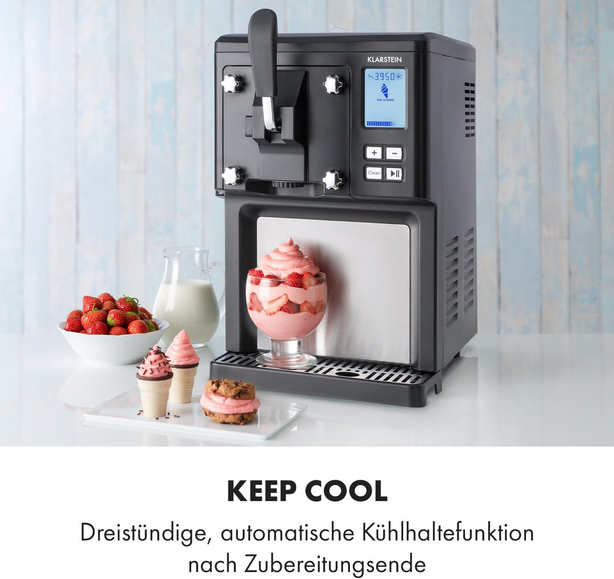 Klarstein Sweet Sundae - Eiscrememaschine, 1,5 Liter, mitselbstkühlendem Kompressor, 200 Watt, Ausgabesystem, 3 StundenAuto-Kühlhaltefunktion,