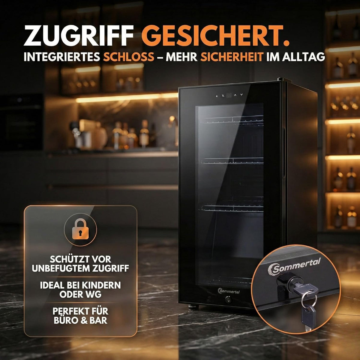Sommertal Getränkekühlschrank 50L – Mini Kühlschrank schwarz mit Glastür, Touchscreen & LED | Kleiner Flaschenkühlschrank abschließbar & leise für