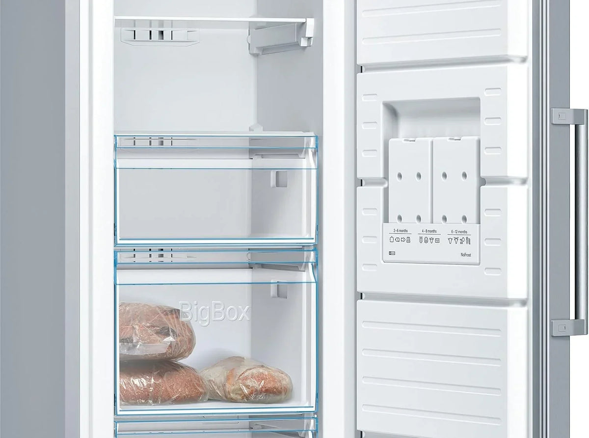 Bosch - Congelador Vertical NoFrost, Serie 4, alto 186 x ancho 60 cm, 242 L, Cajones BigBox para alimentos grandes, Sistema Multiairflow, Acero,
