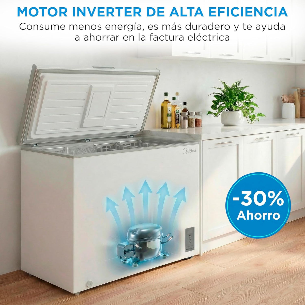 MIDEA Arcon Congelador Pequeño de 418L | Congelador Horizontal Convertible a Frigorífico con Motor Inverter, Control Electrónico de Temperatura,