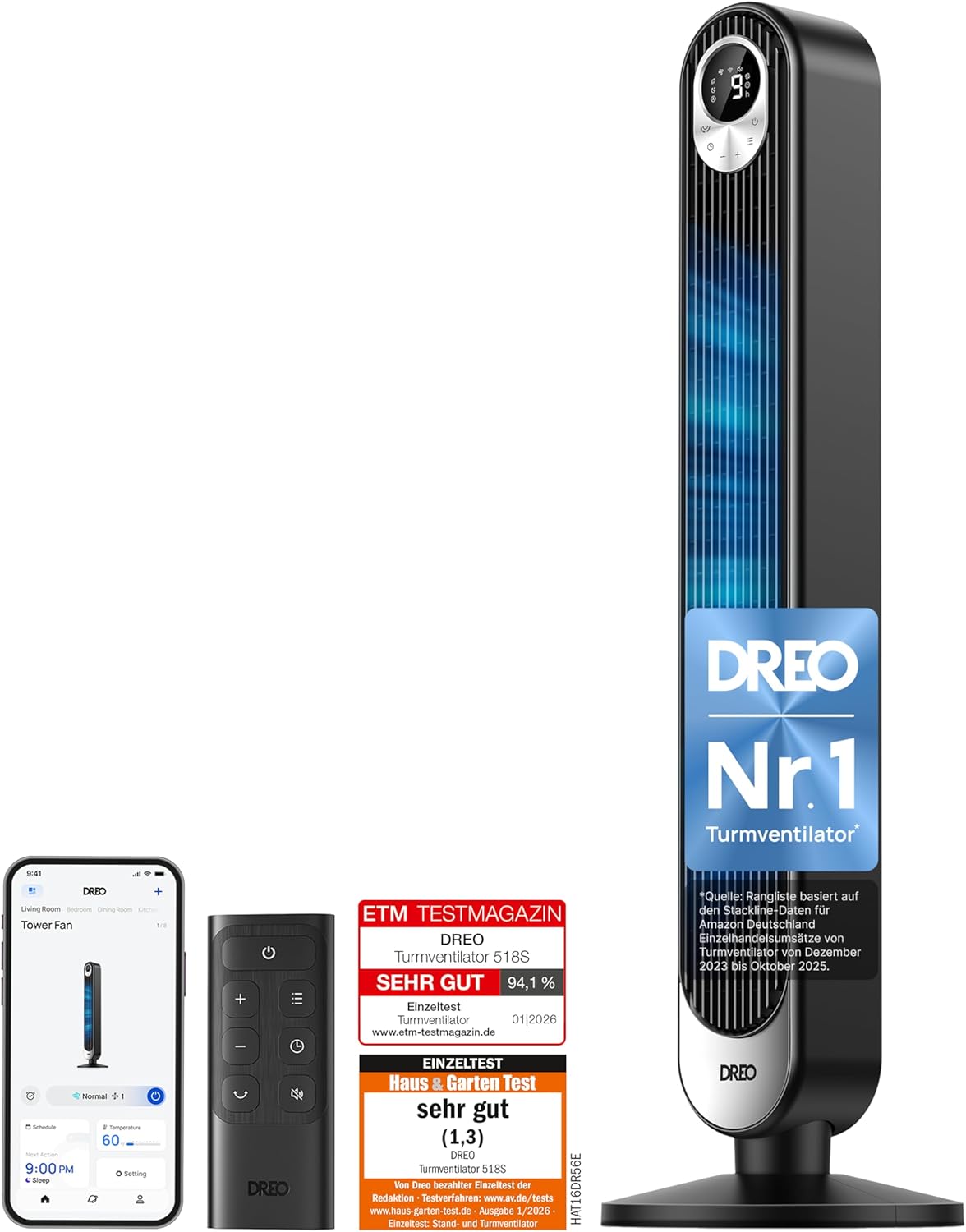 Dreo Smart 20dB DC Motor Turmventilator Leiser, 11M Windentfernung Ventilator mit Fernbedienung,9 Stufen 4 Modi, 90° Oszillierender Standventilator