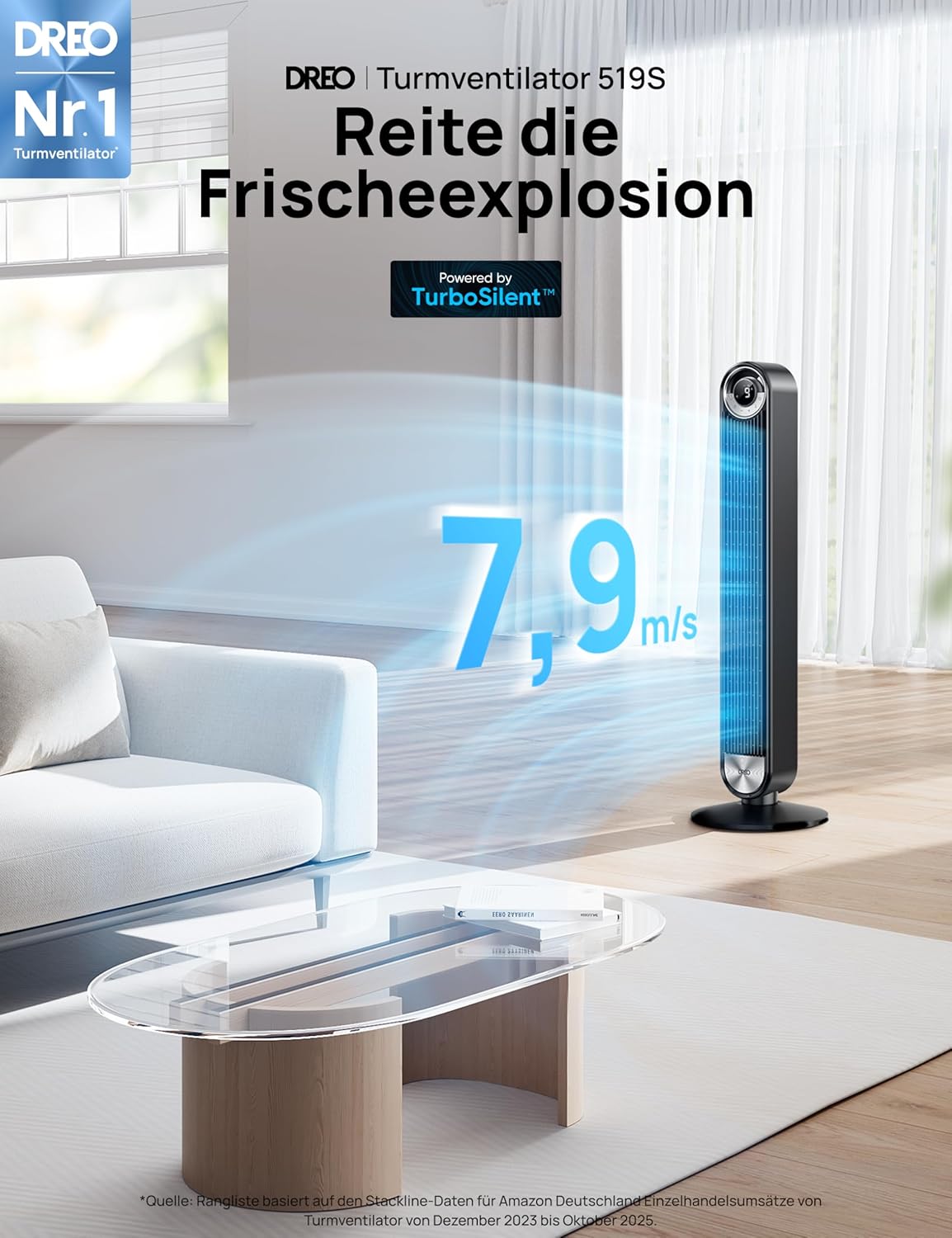 DREO 25 dB Leiser Smart Turmventilator, 106cm Höhe 4 Modi 9-Geschwindigkeit Max 7,9m/s 12H Timer 90° Oszillierender Ventilator mit Fernbedienung