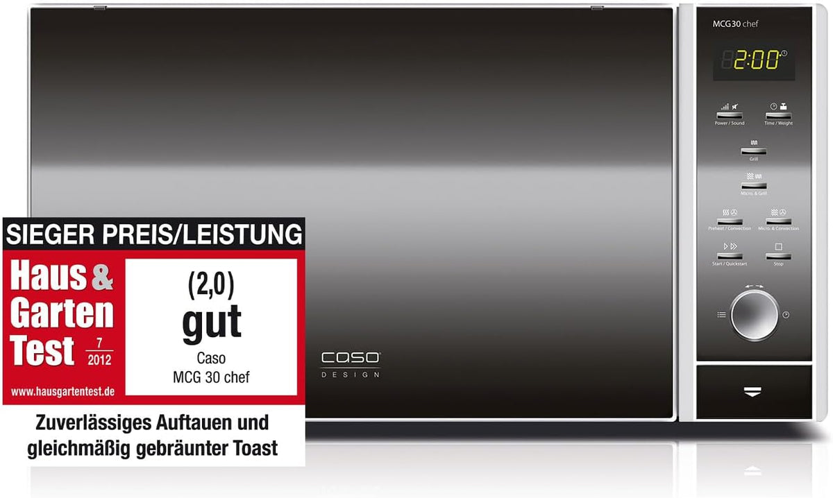 CASO MCG30 Ceramic chef Testsieger Haus & Garten Test, 3in1 Mikrowelle mit Grill + Heißluft 2100W 30L, Borosilikatglasboden, Backofen-Funktion bis 200