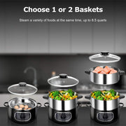 View 2 stainless steel food steamers, 8.5 liters capacity, electric glass-covered vegetable steamer, double-layer stackable steaming basket, with timer included image 3