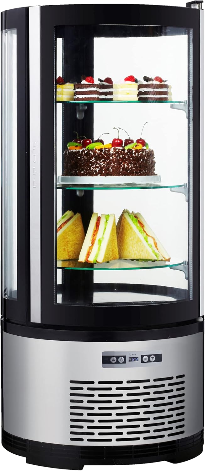 METRO Professional Kuchen-Vitrine GRV1100, Gastro, Edelstahl/Glas, 100 L, Umluftkühlung, 490W, Temperaturanzeige, automatisches Abtauen, rund, silber,