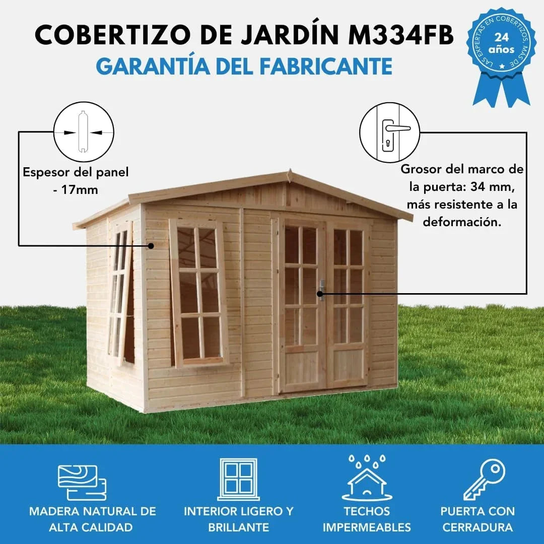 TIMBELA Caseta de jardín de Madera de 6 m2 - Cobertizo Jardin Exterior con Suelo, Ventana, Puerta Doble - Cabaña de jardín para Trabajar en casa - con