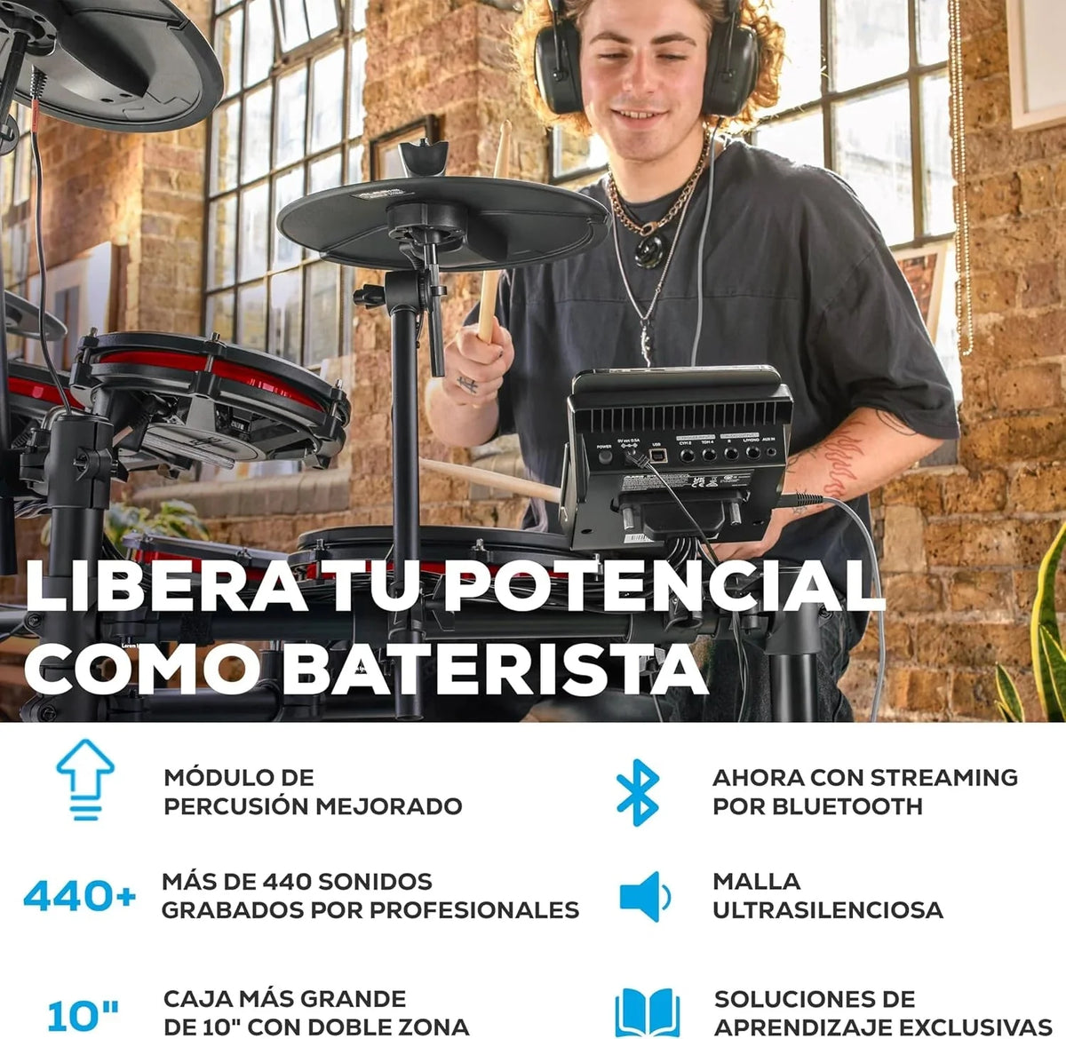 Alesis Nitro Max Kit Batería Electrónica con Parches Silenciosos de Malla, Caja de Doble Zona de 10", Bluetooth, 440+ Sonidos Auténticos, Lecciones