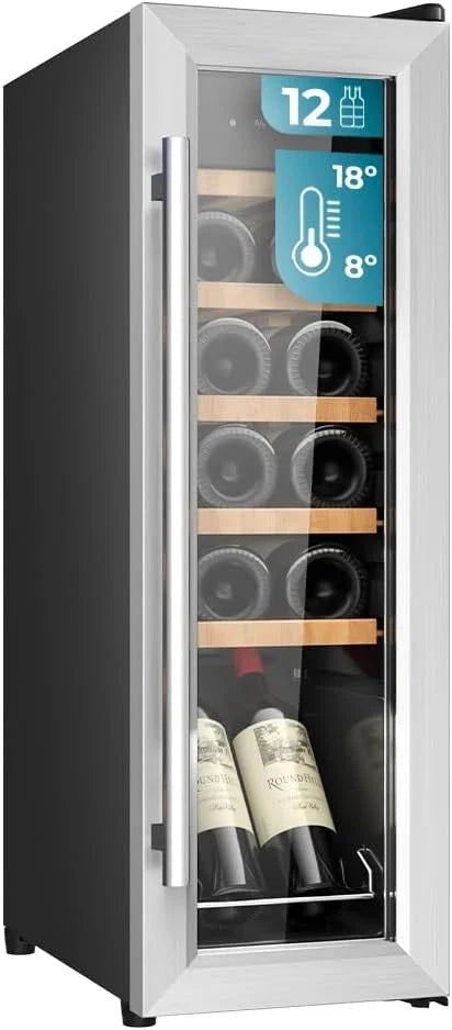 Cecotec Vinoteca Libre Instalación Bolero GrandSommelier 1250 CoolWood. Nevera para vinos con capacidad para 12 botellas, temperatura ajustable de 8-