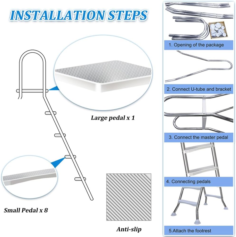 4 Stufige Poolleiter Edelstahl, Pooltreppe für Aufstellpool, Poolleiter 132 cm Poolhöhe, Pool Treppe, Poolstufen für Aufstellpools, Schwimmbadleiter