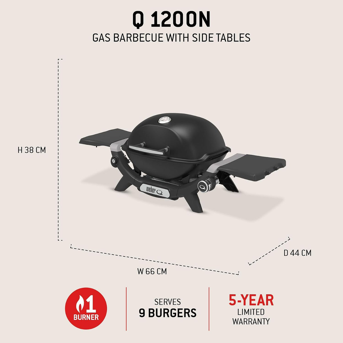 Weber Q 1200N Gasgrill mit Seitentischen/leichter Grill für Camping, Terrassen & Balkone mit Hochleistungsbrenner, porzellanemaillierten Gussrosten &