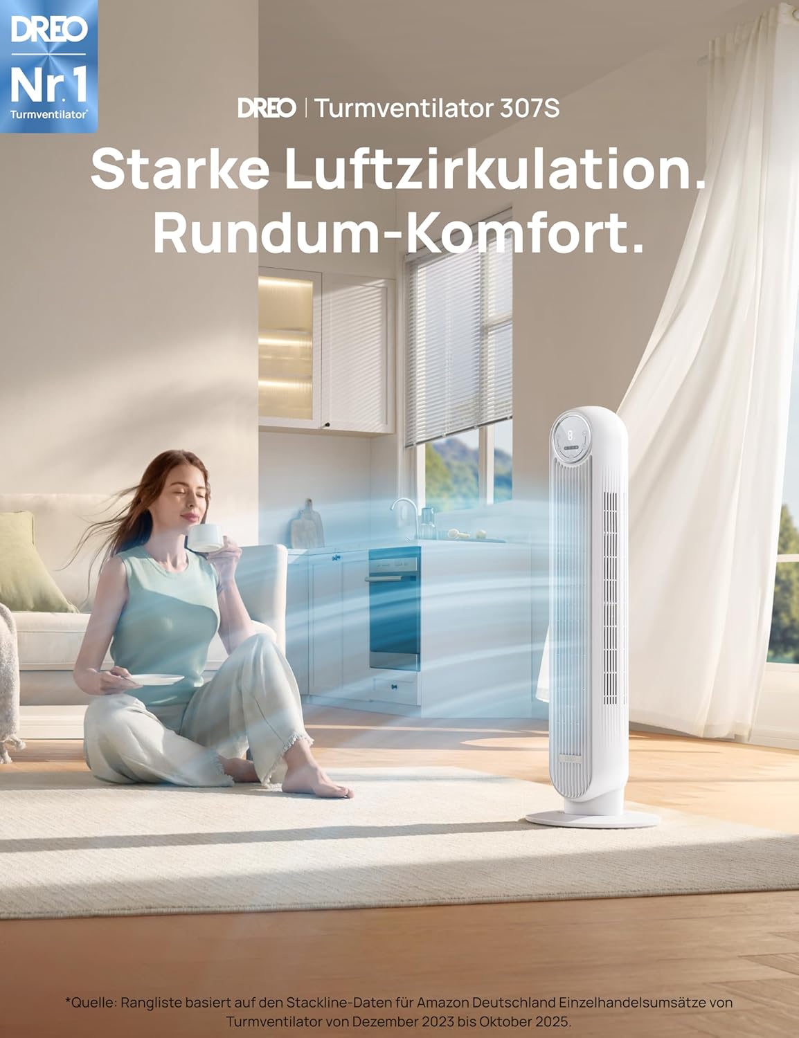 Dreo Smart 20dB Leiser Turmventilator, 10 m Wurfweite 4 Geschwindigstufen 4 Modi 8 Std. Timer 90° oszillierende Ventilator mit Kühlung WLAN &
