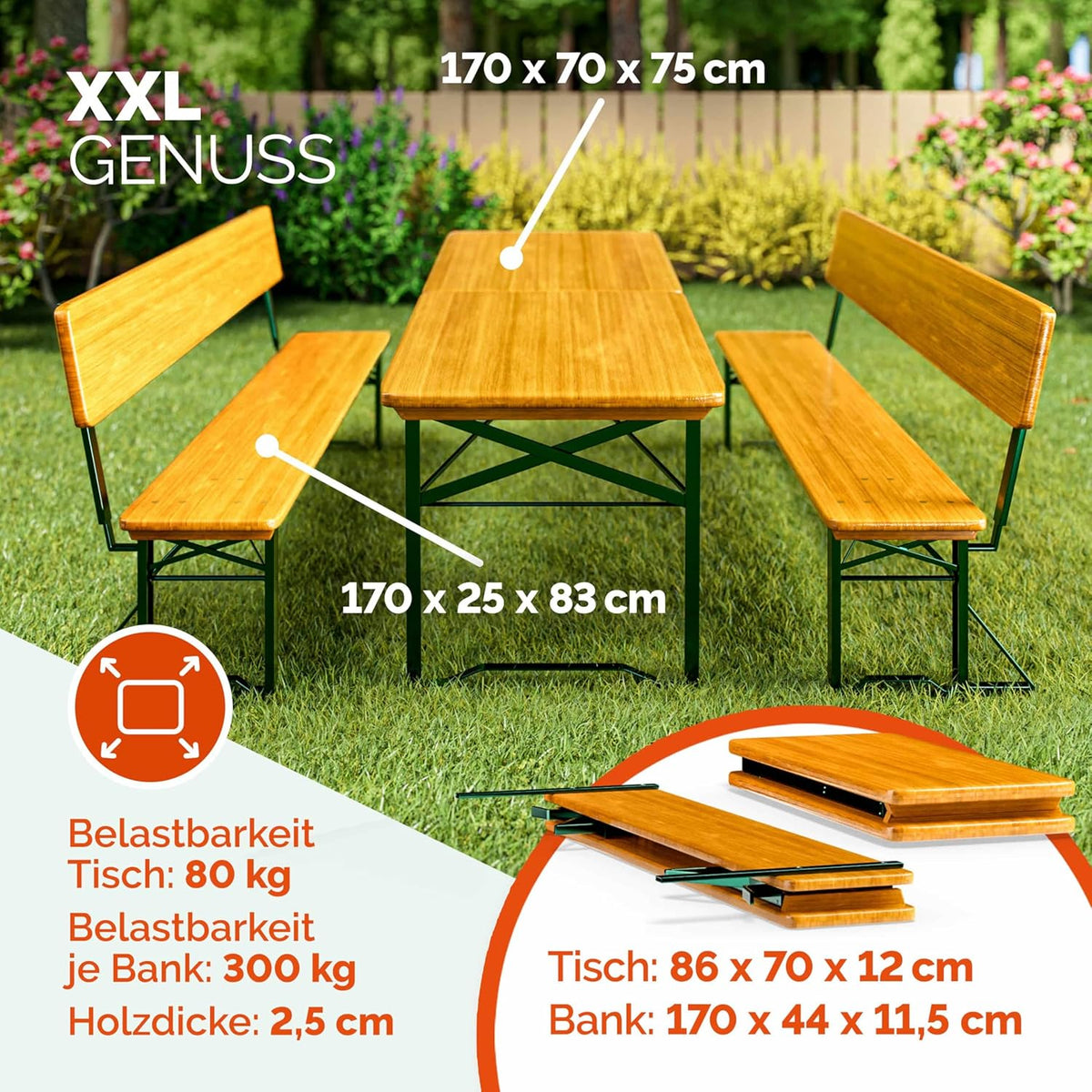 Casaria Bierzeltgarnitur mit Lehne 170 cm Klappbar Stabil 2X Bierbank 1x Breiter Tisch Holz Biertischgarnitur Festzeltgarnitur Biergartengarnitur