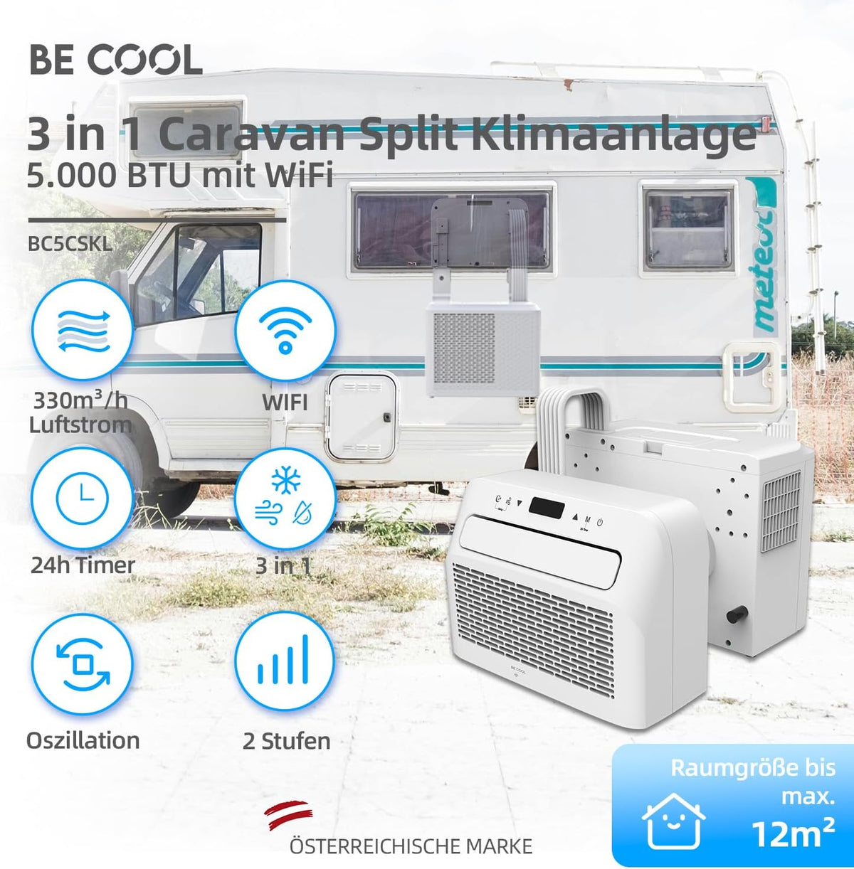 BE COOL BC5CSKL26 3in1 Mini Split Klimaanlage 5000 BTU mit WiFi, App-Steuerung, Kühlen, Lüften, Entfeuchten, 24h Timer, Schlafmodus, für Räume bis 12
