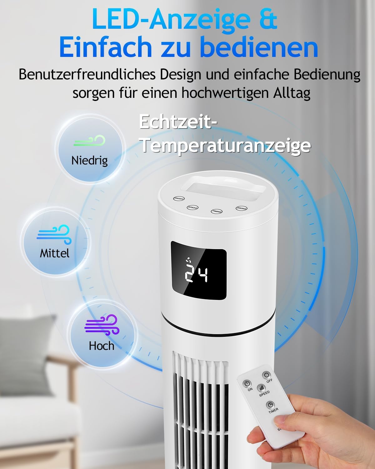 Timiyou Turmventilator 20dB Sehr Leiser für Schlafzimmer & Kühlung mit Fernbedienung | 3 Geschwindigkeitsstufen, 12h Timer, 60° Oszillation,