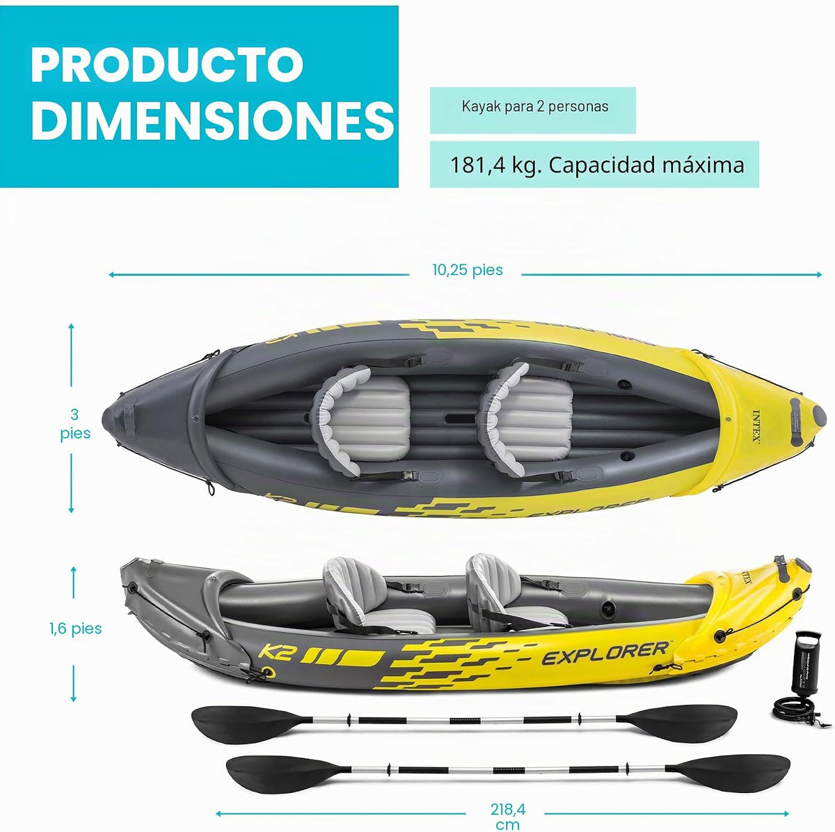 Intex Explorer K2 Kayak, 2-Person Inflatable Kayak Set with Aluminum Oars and High Output Air Pump
