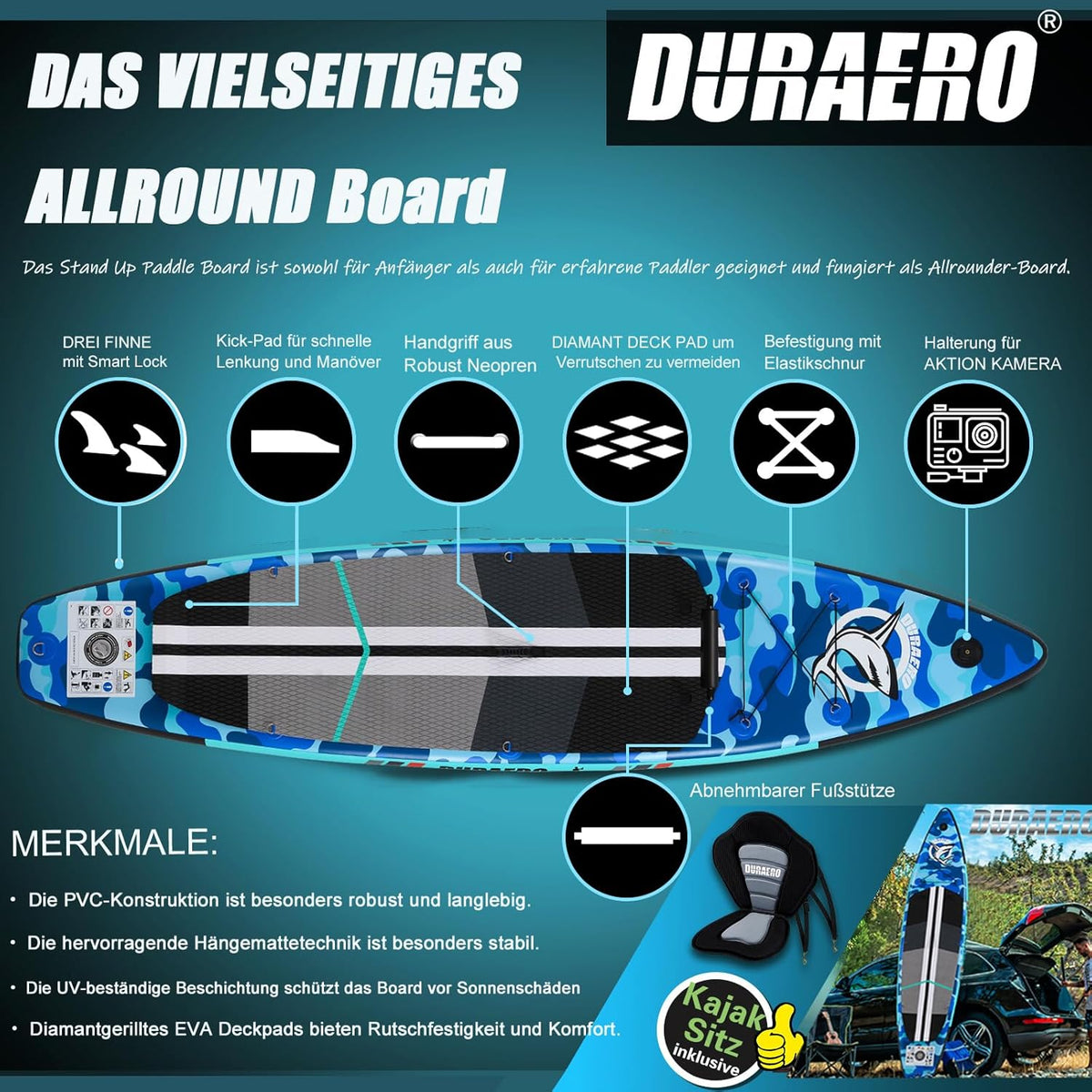 Inflatable Paddle Board with Kayak Seat, 330 x 76 x 15 cm, up to 150 kg, Integrated Pad, Detachable Fin, Double Adjustable Paddle, Repair Kit, Blue