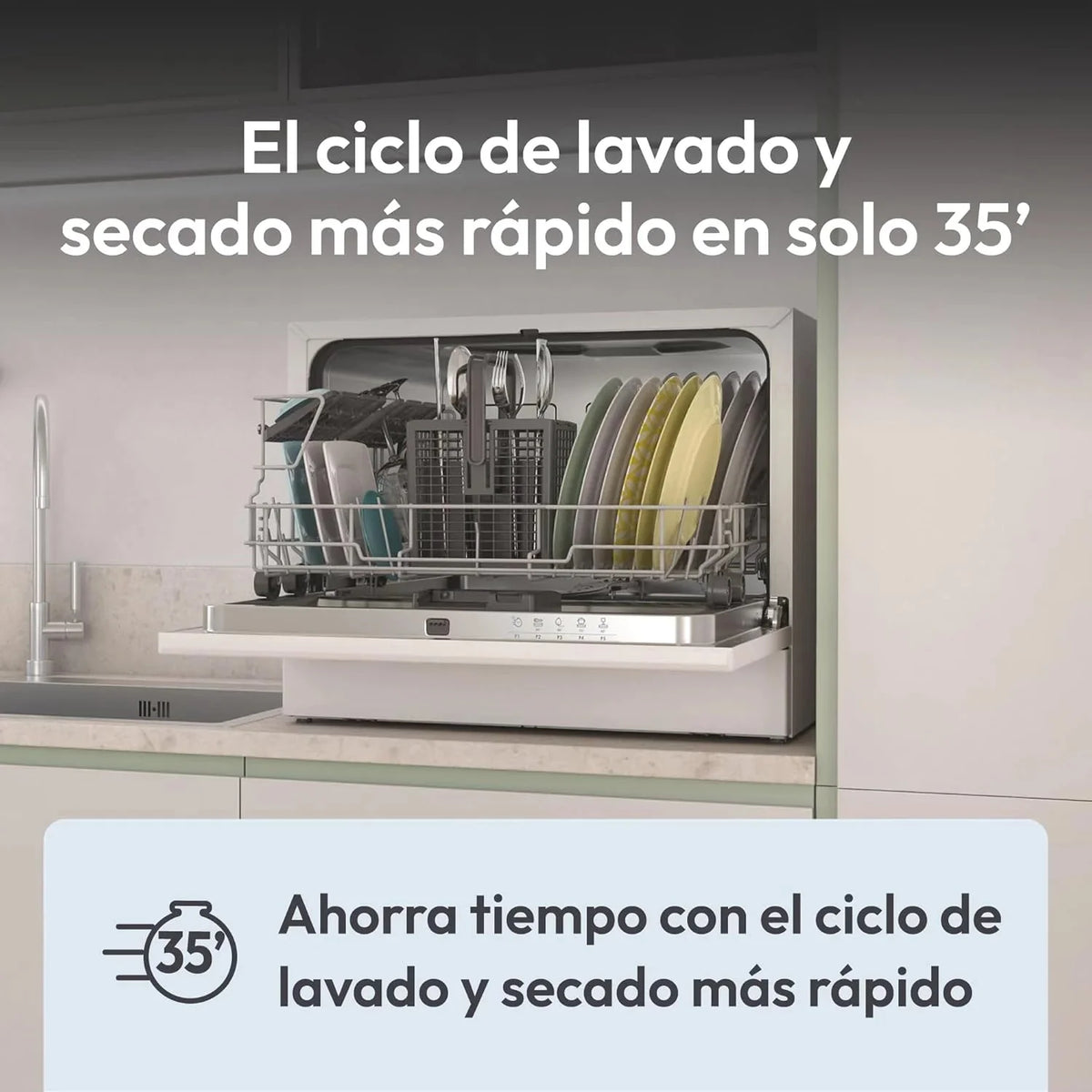 Candy CP 6E51LW Lavavajillas Pequeño y Compacto, 6 Servicios, Digital, 51DBA, 5 Ciclos, Media Carga, Inicio Diferido 3-6-9 horas, Indicador Sal y