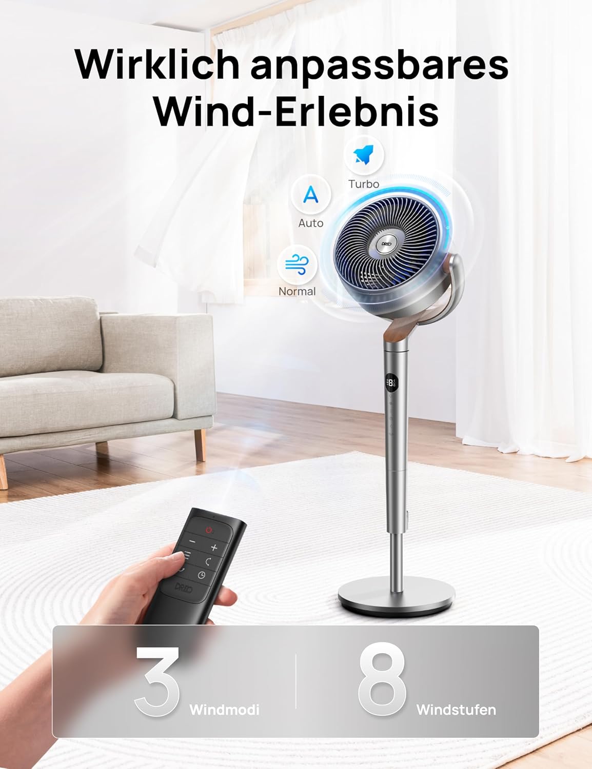 Dreo 20dB leiser Standventilator, 120°+120° Omni-direktionale oszillierende Ventilator, 26M Windentfernung, 1200m³/h Luftvolumen Echt Turbo-