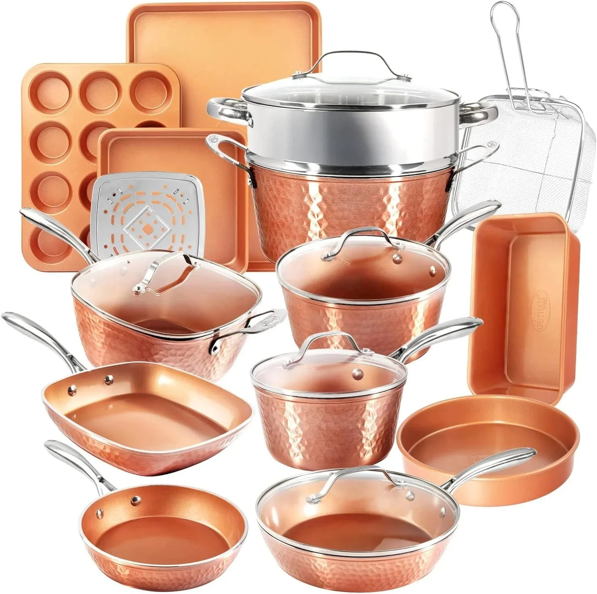 Hammered Copper 20 Pc Ceramic Cookware Set Nonstick, True Ceramic Pots and Pans Set Non Stick with Deep Square Pan Set & Bakeware Set, Non Toxic PFOA