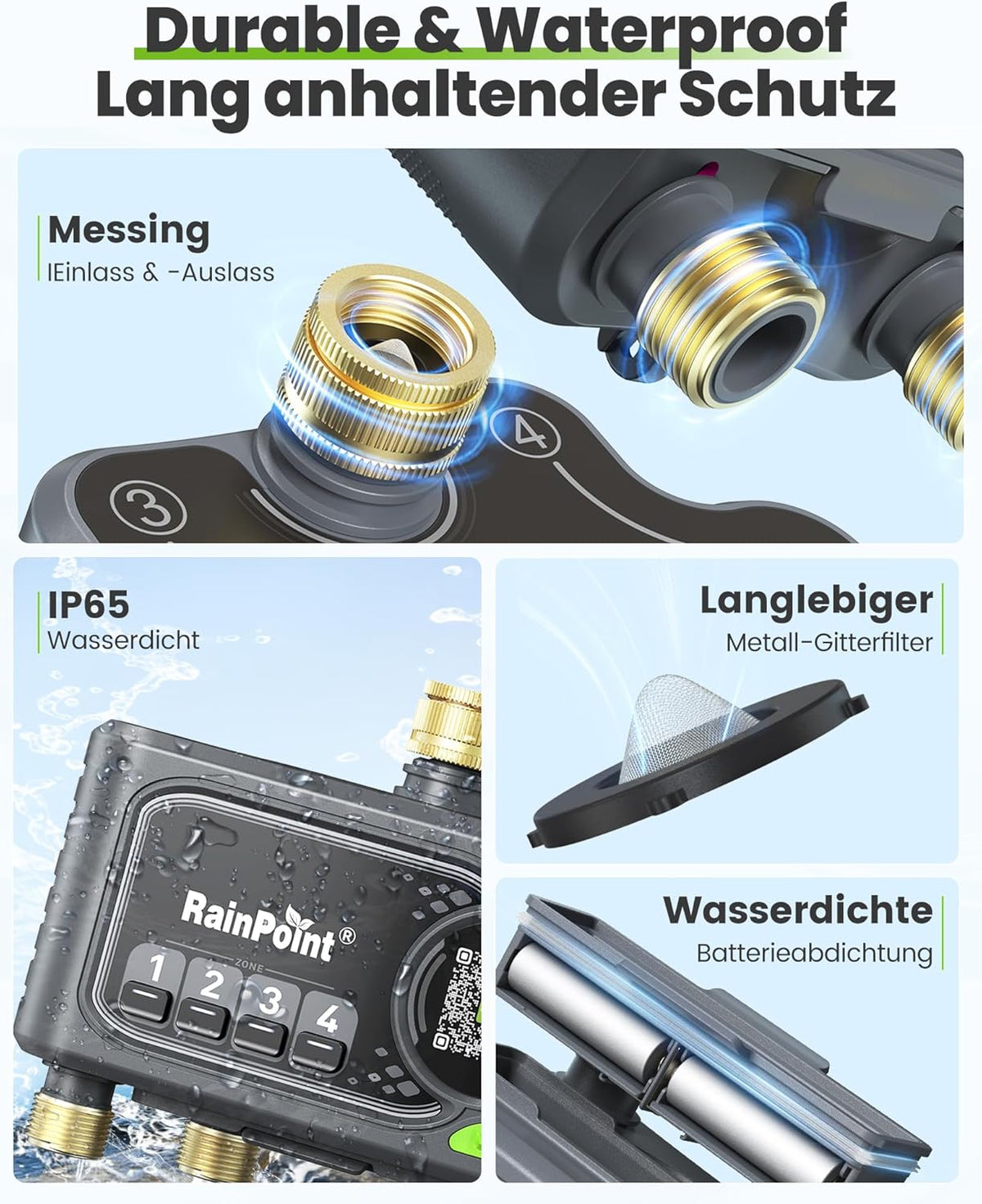 RAINPOINT Bewässerungscomputer WLAN mit 4 Ausgängen, Messing Ein- und Ausgang, Bewässerungsuhr 4 Zonen mit wetter- & bodenbasierter Steuerung, App- &