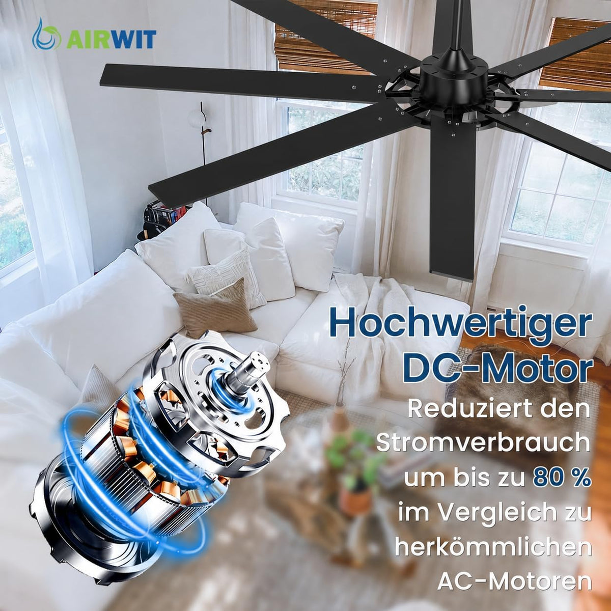 Airwit 183cm Deckenventilator mit Beleuchtung Extra Groß, Verbundholz Outdoor Leise Deckenventilator mit Licht und Fernbedienung, Lampe mit Ventilator