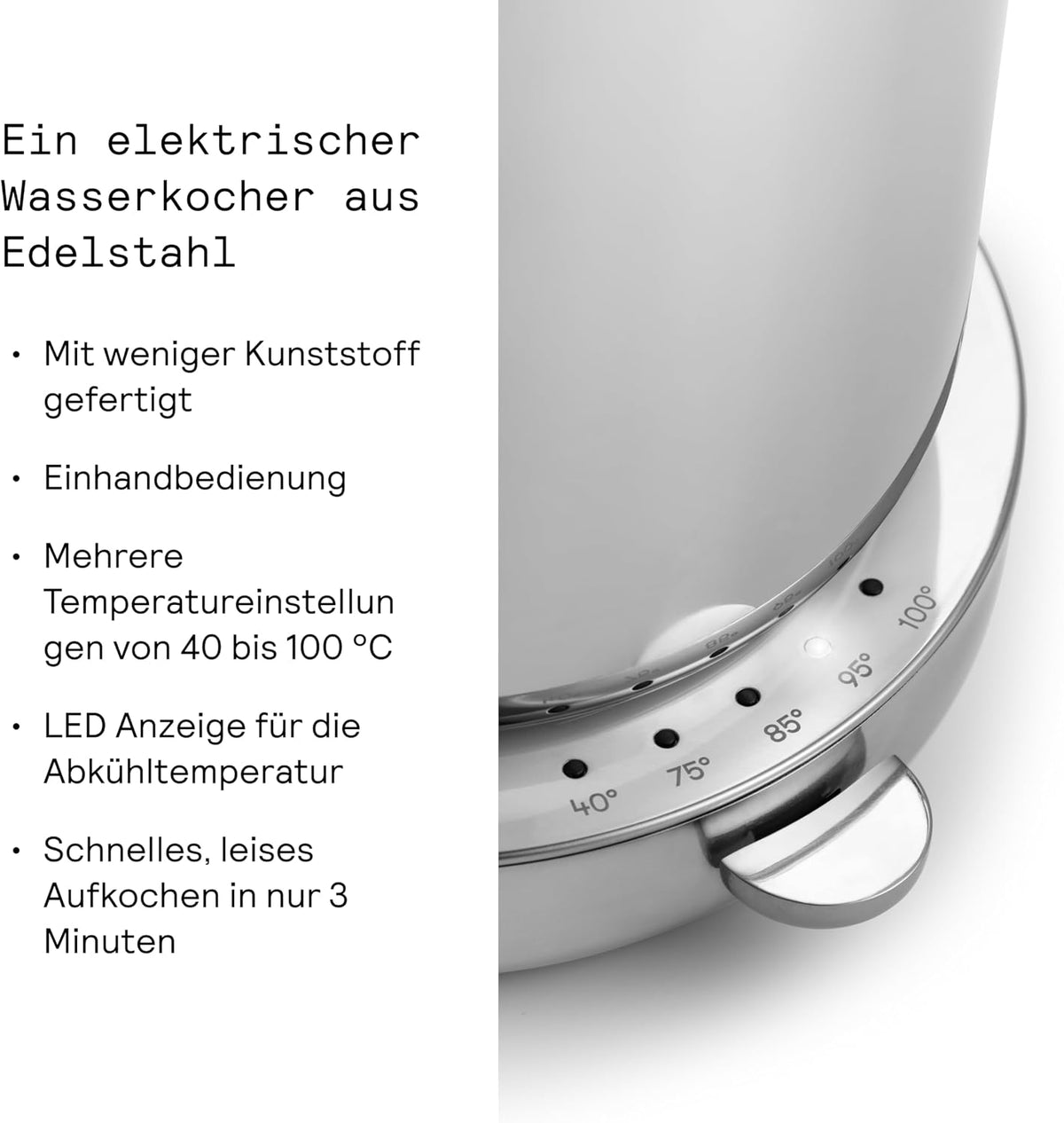 Aarke Wasserkocher aus Edelstahl mit mehreren Temperatureinstellungen, 360° drehbarem Sockel, leisem Kochvorgang und tropffreiem Ausgießer,