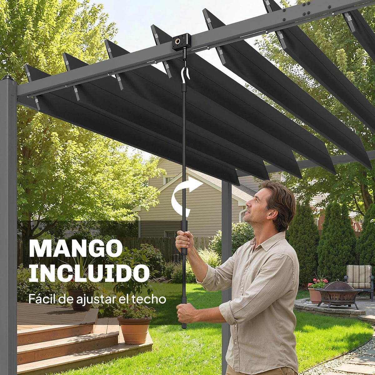 Outsunny Pérgola de Jardín 3x5,7 m, Cenador de Jardín con Techo de Lamas Ajustable a 90°, Manivela, Estructura de Aluminio, Protección UPF50+,