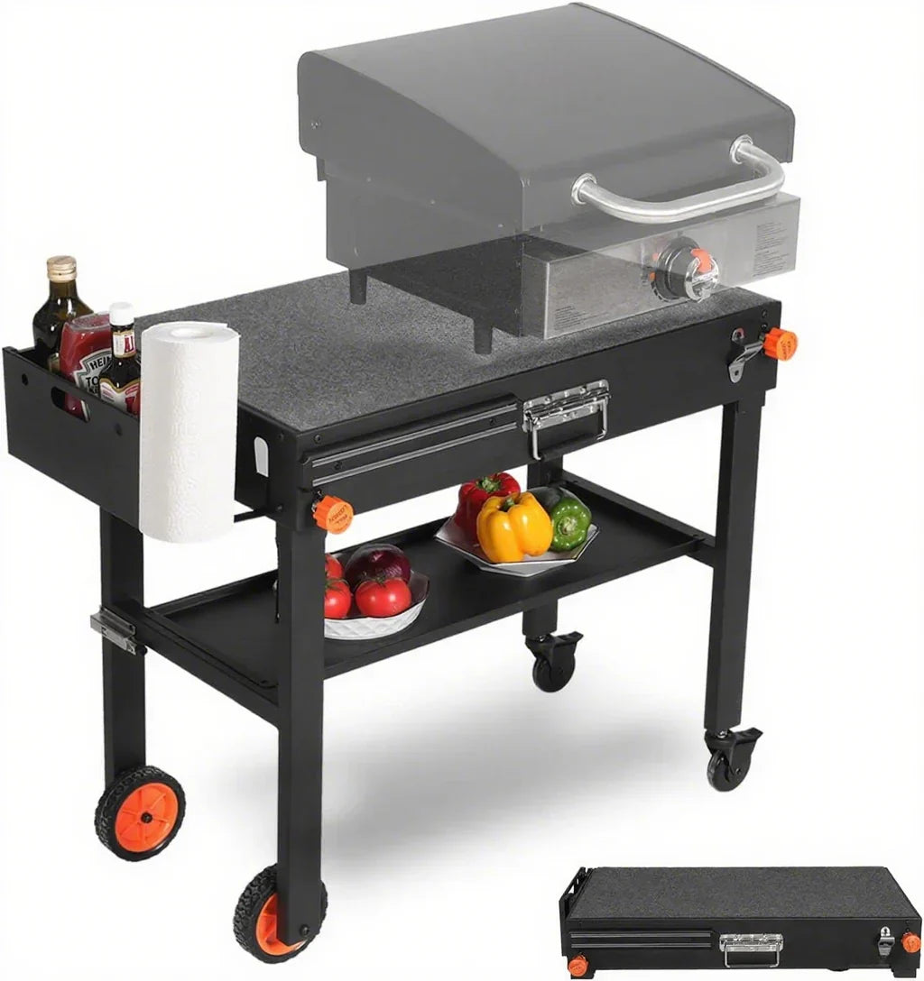 Portable Outdoor Grill Table, Folding Grill Cart Solid and Sturdy, Griddle Stand Large Space, Blackstone Table with Paper Towel Holder, Grill Stand
