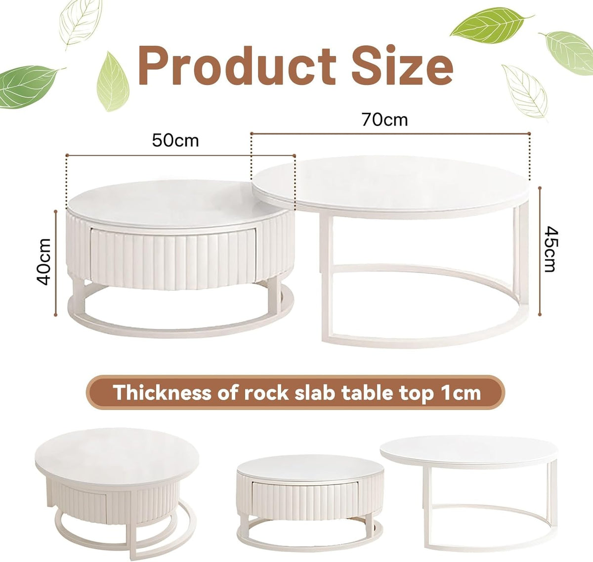2er Set Couchtisch Rund Weiss 50+70cm Wohnzimmertisch Weiß Runder Couchtisch Mit Stauraum Marmor Beistelltisch Stabilem Metallgestel Satztische Fürs