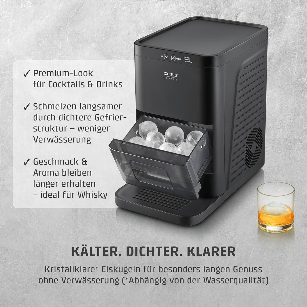 CASO IceBall Pro Eiskugelbereiter mit Kompressor - Kristallklare Eiskugeln 50-55 mm, 2 Kugeln/Stunde, 1,3 l Wassertank, Selbstreinigung, LED-Anzeige,